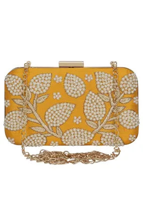 Adorn Embellished Faux Silk Clutch Yellow & Pearl Gold