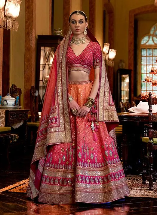 Affectionate Orange And Red Mixture Bridal Lehenga Choli with Sparkle & Mirror Work in Smooth Rajwadi Silk