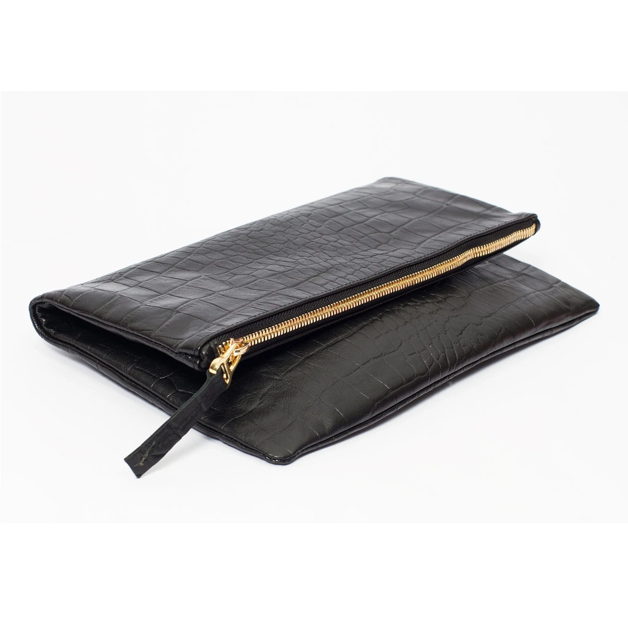 Black Crocodile Embossed-Foldover Clutch