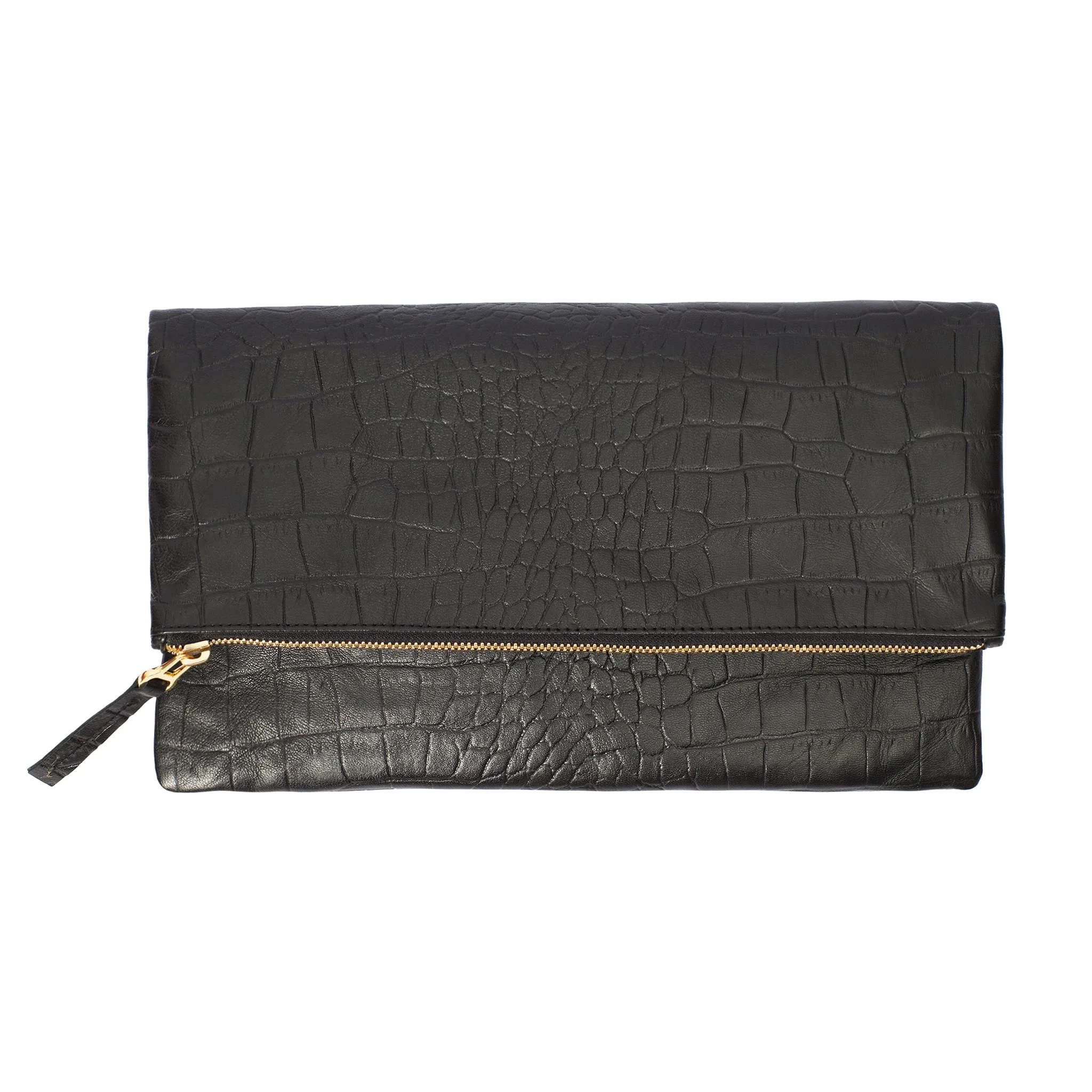 Black Crocodile Embossed-Foldover Clutch