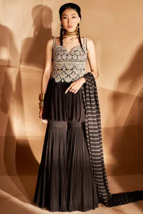 Black Embroidered Peplum Sharara Set