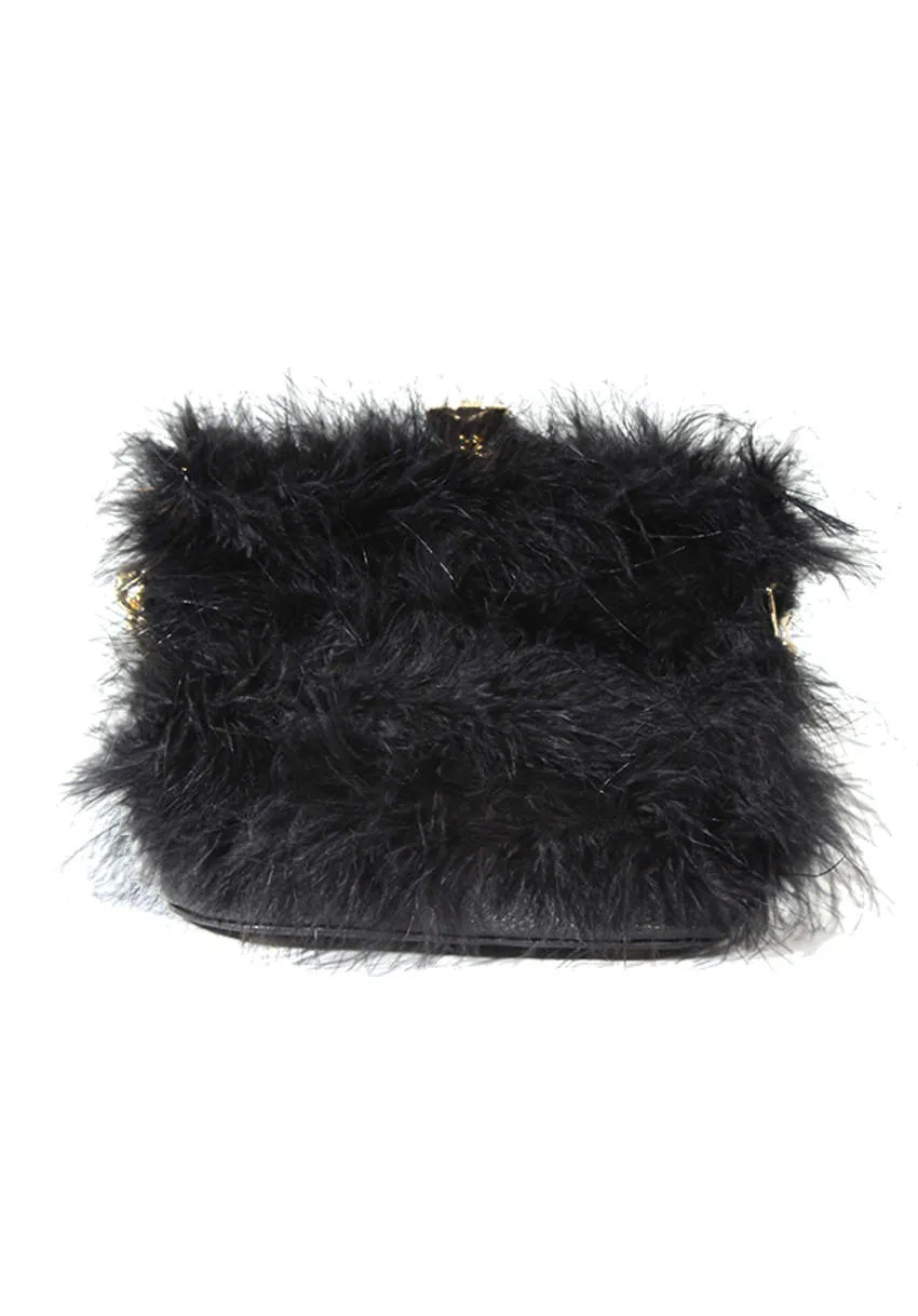 Black Feather Gold Chain Clutch Bag