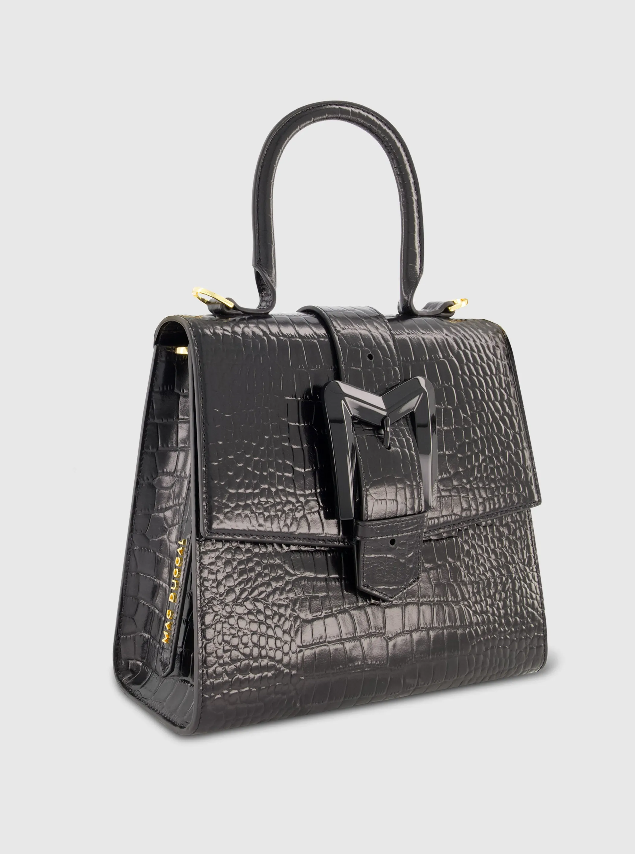 Buckled Medium Croco Black Leather Handbag with Detachable Strap