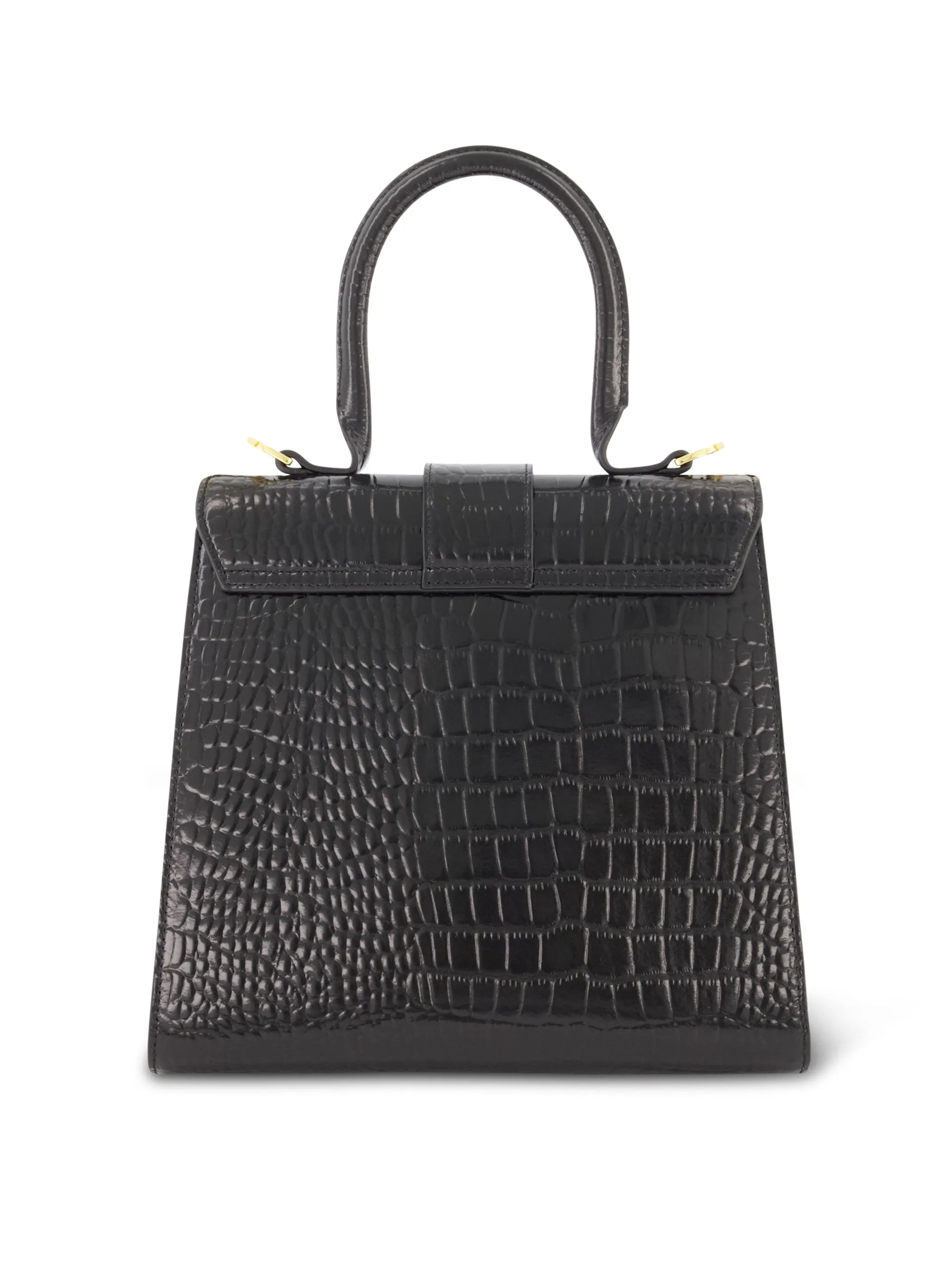 Buckled Medium Croco Black Leather Handbag with Detachable Strap