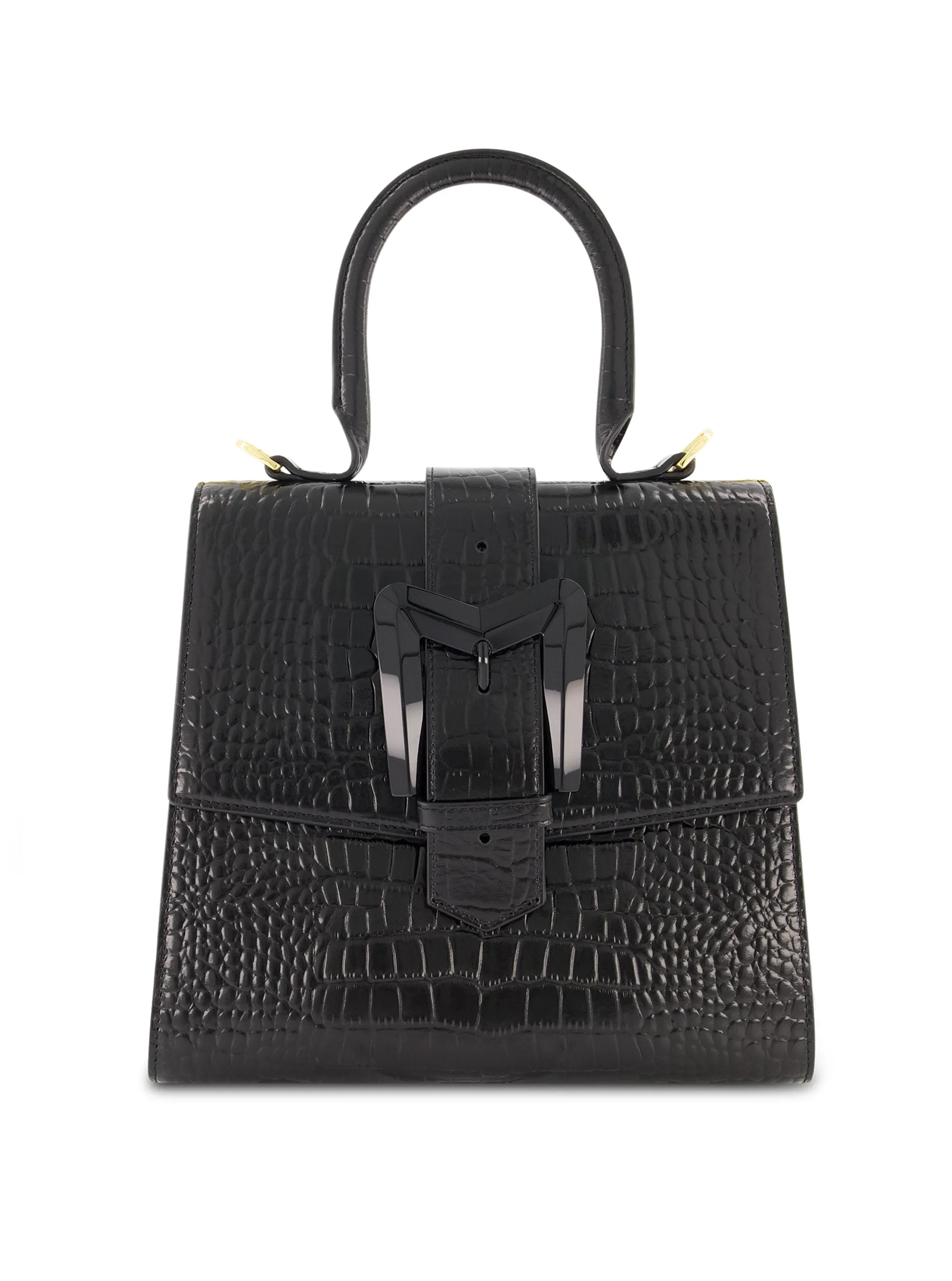 Buckled Medium Croco Black Leather Handbag with Detachable Strap