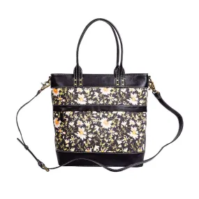 Dottie's Meadow Tote Bag: Luxurious Ebony Leather with Upcycled Floral Canvas - A Sheer Delight for Any Occasion