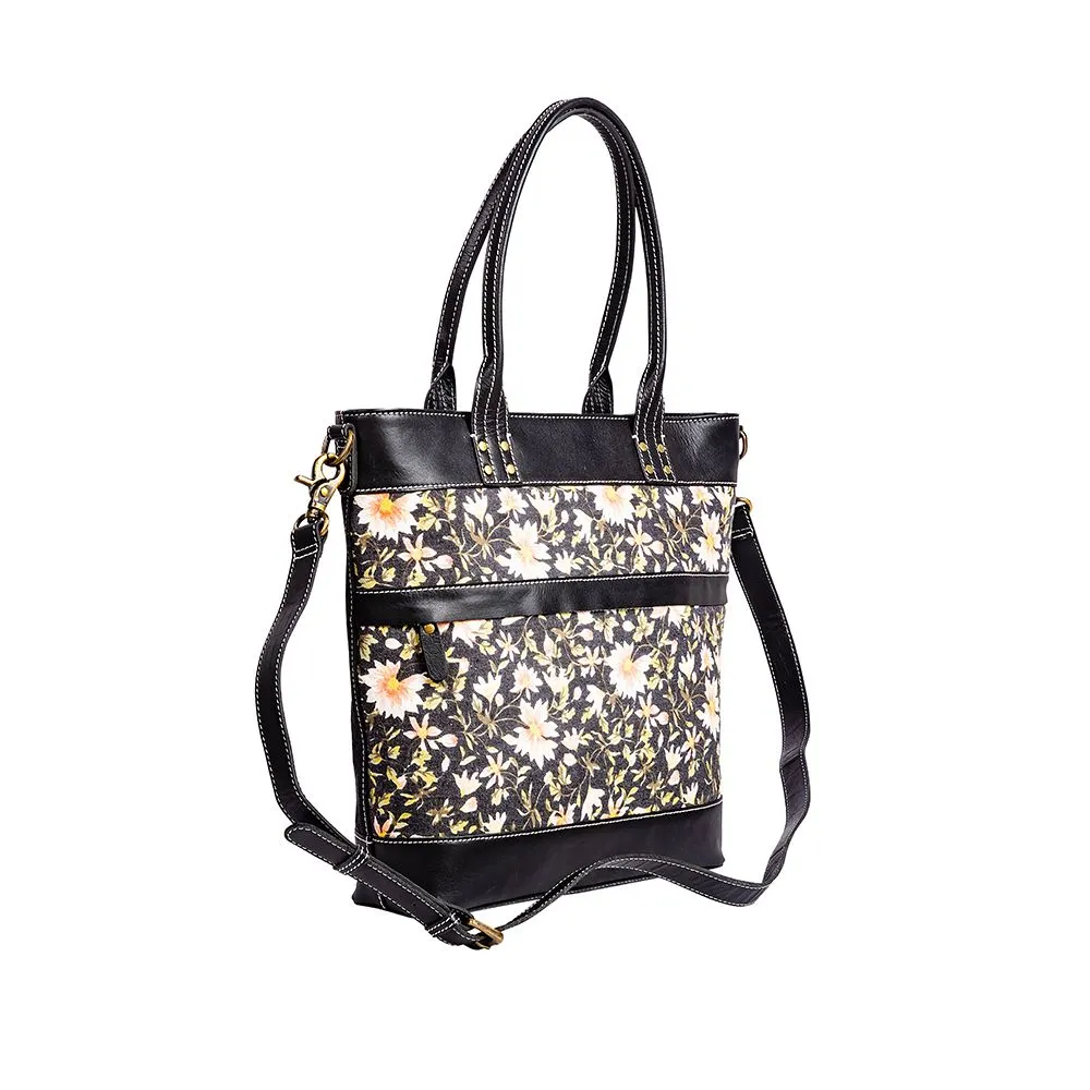 Dottie's Meadow Tote Bag: Luxurious Ebony Leather with Upcycled Floral Canvas - A Sheer Delight for Any Occasion