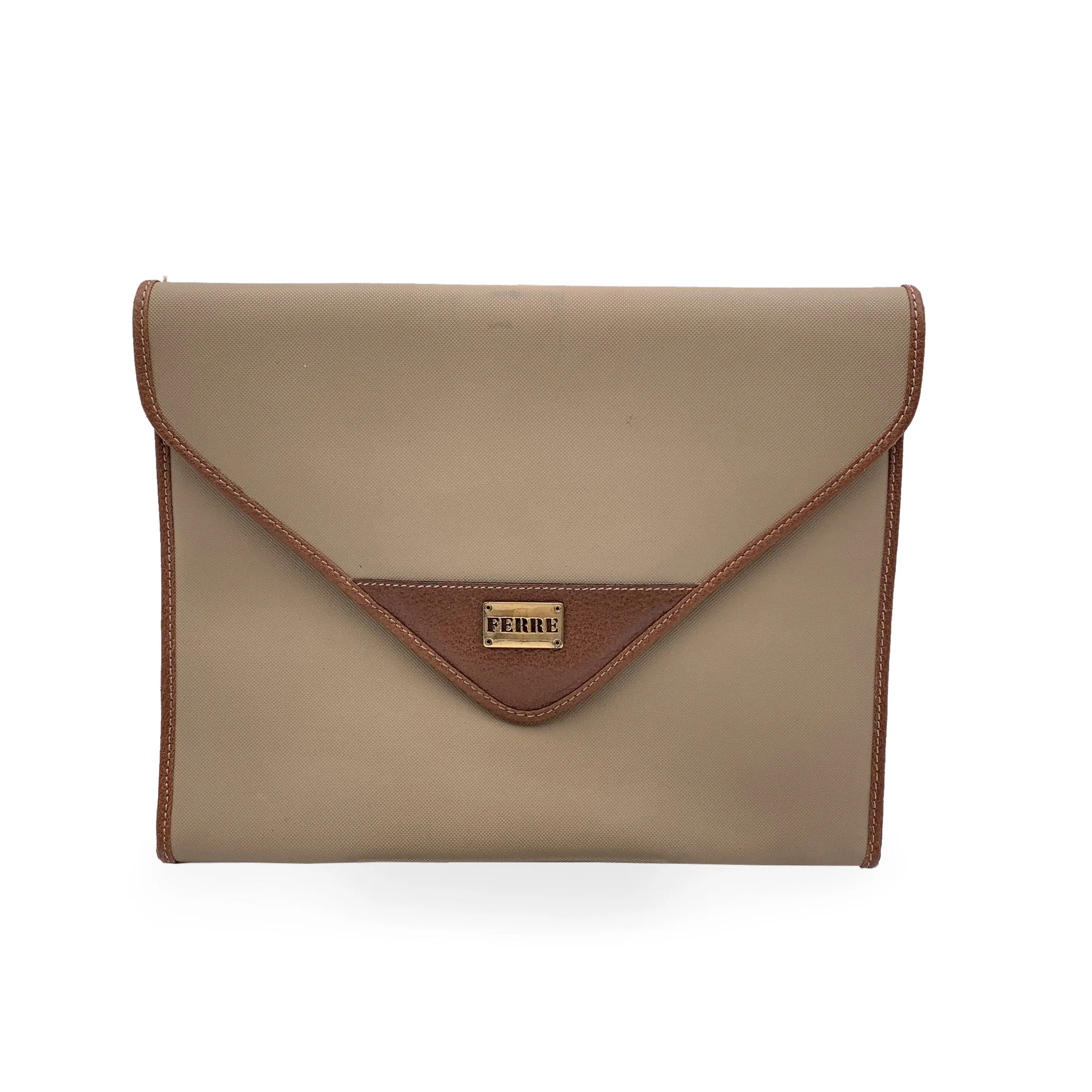 Gianfranco Ferre Vintage Beige Canvas Envelope Clutch Bag