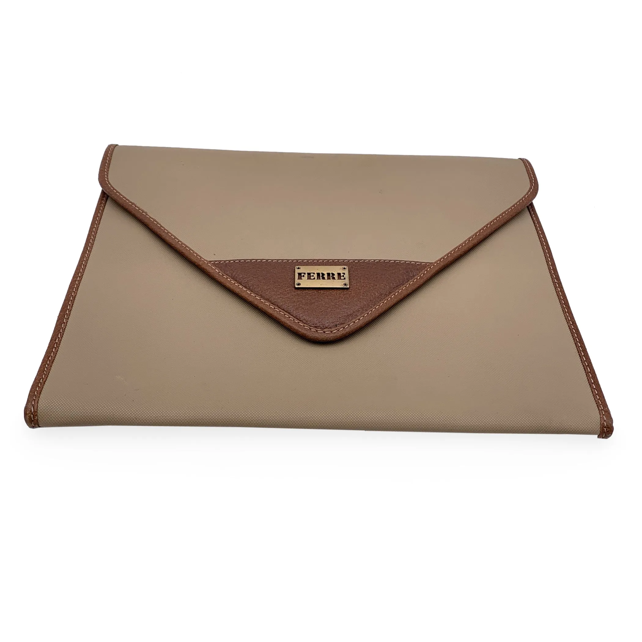 Gianfranco Ferre Vintage Beige Canvas Envelope Clutch Bag