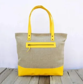 Linen and faux leather tote bag, natural with yellow, classic everyday bag.