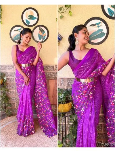 Magenta Pink 1 Minute Saree Ready to Wear Embroidered Sequence Sari