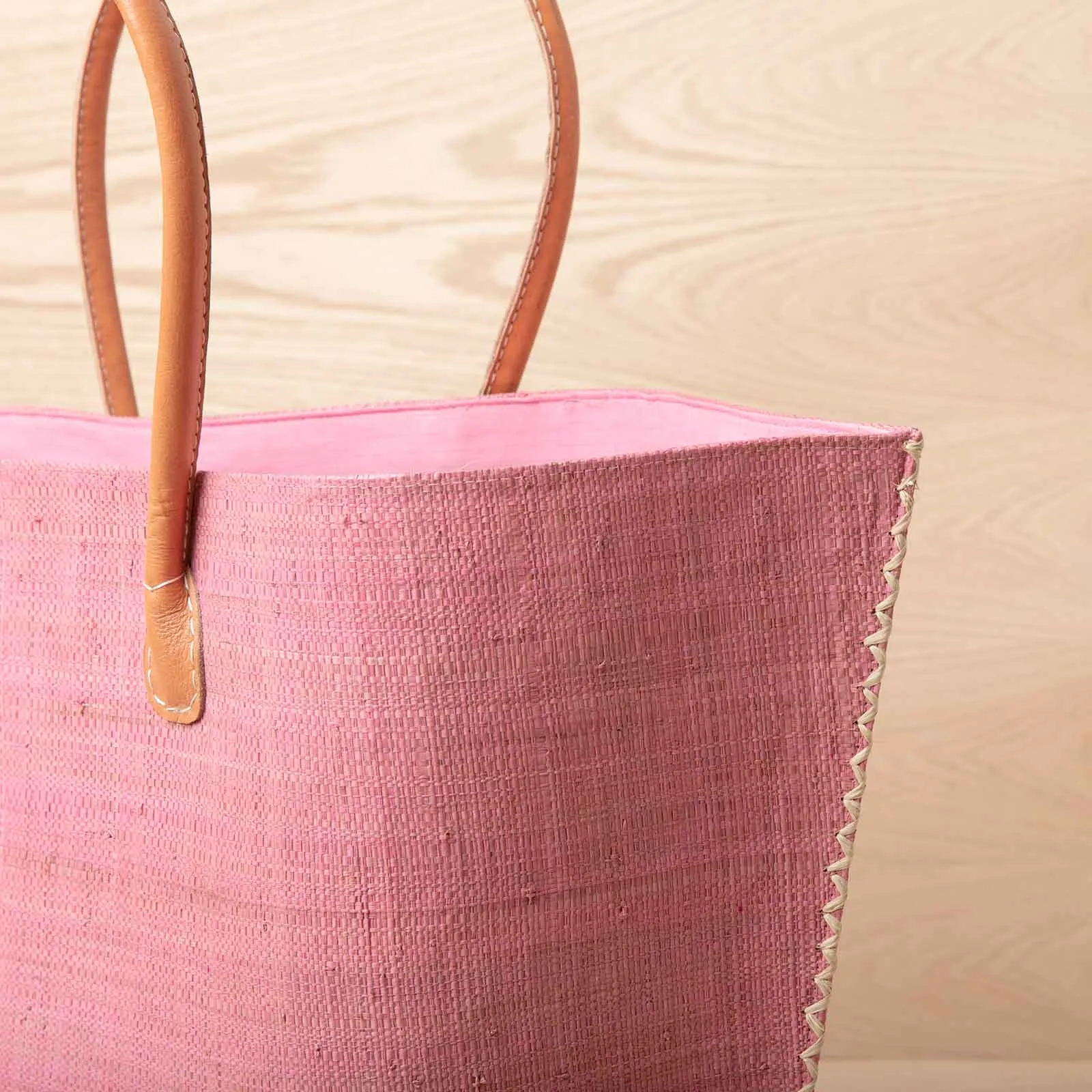 Raffia Pink Tote with Leather Handle