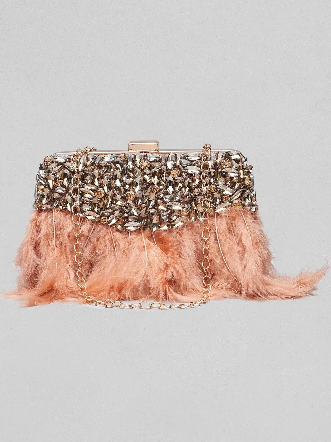 Rubans Brown Colour Clutch Bag With Studded Stone And Brown Fur.