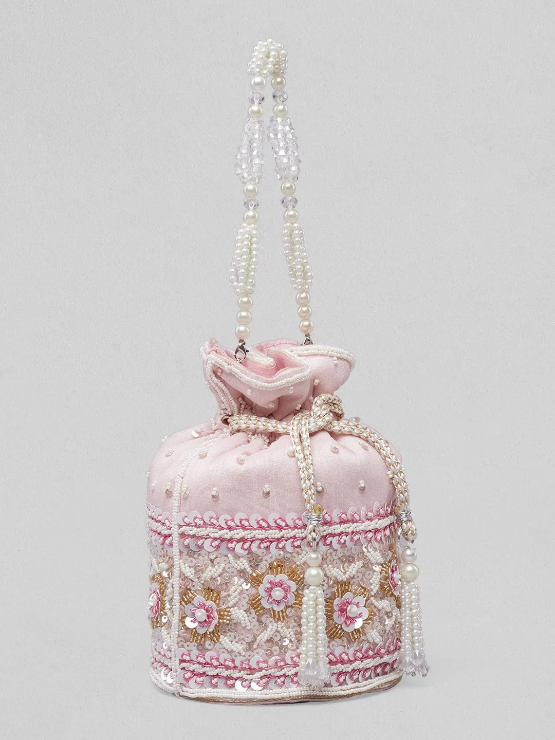 Rubans Pink Coloured Potli Bag With Golden And White Embroided Design.