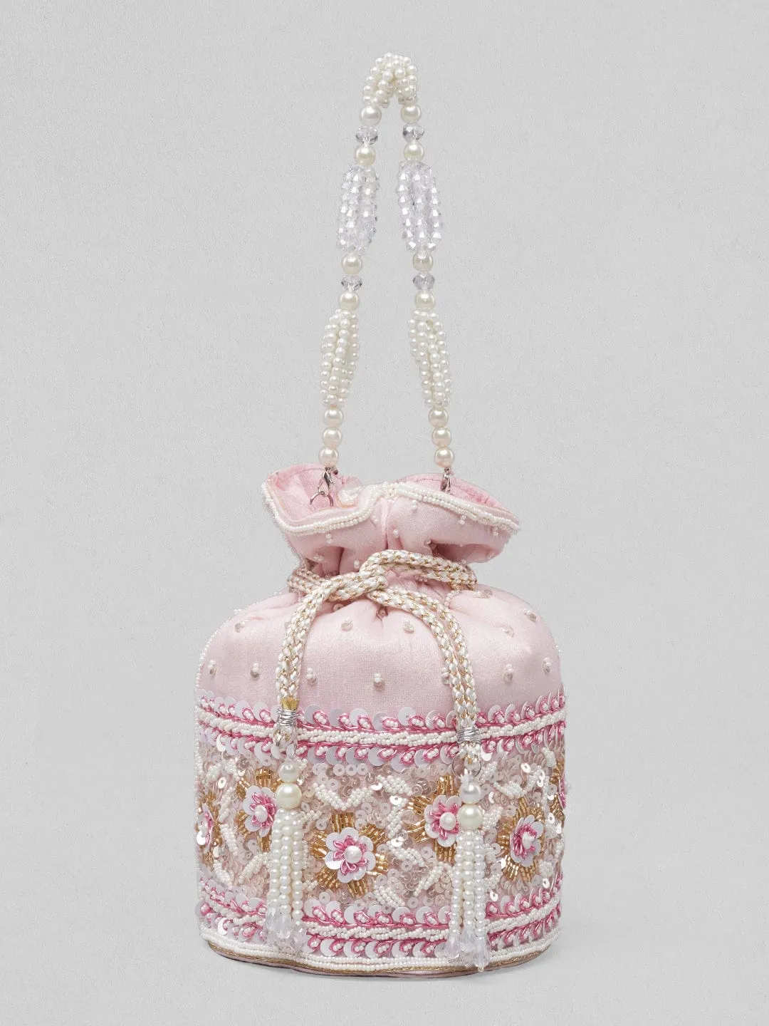 Rubans Pink Coloured Potli Bag With Golden And White Embroided Design.