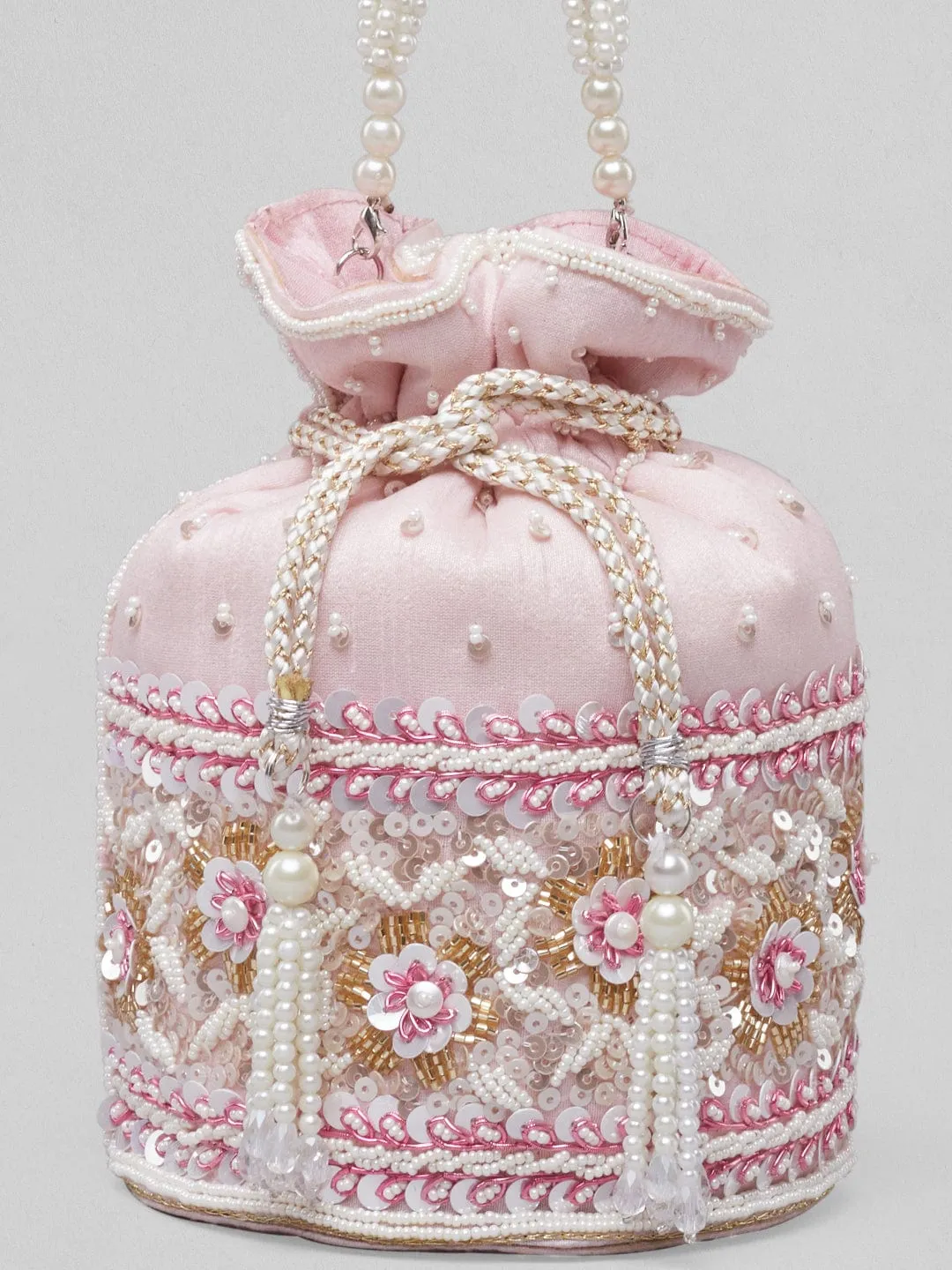 Rubans Pink Coloured Potli Bag With Golden And White Embroided Design.