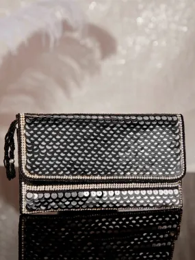 Rubans Silver Colour Clutch With Black Embroided Design.