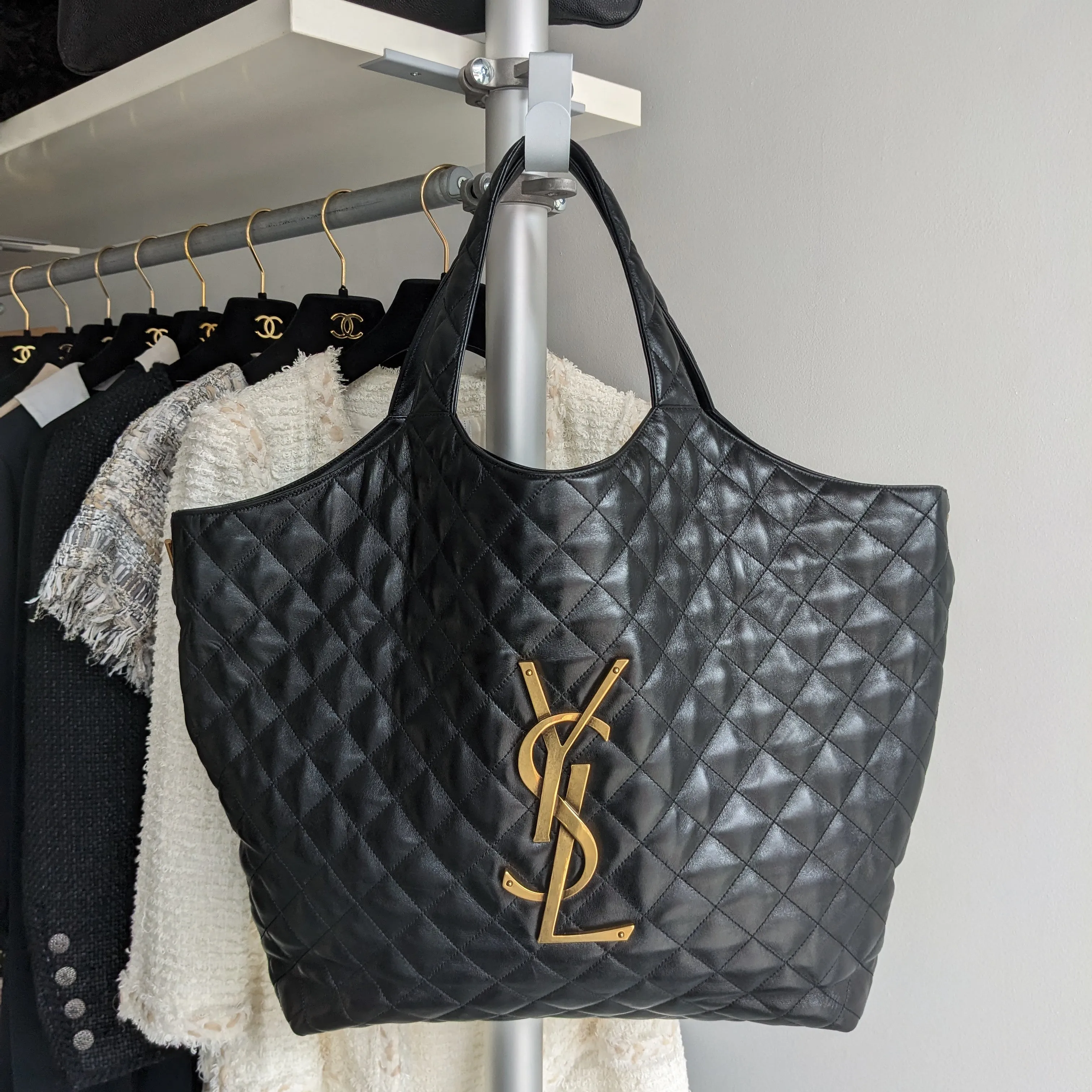 Saint Laurent Black Quilted Lambskin Maxi Shopping Icare Tote Bag