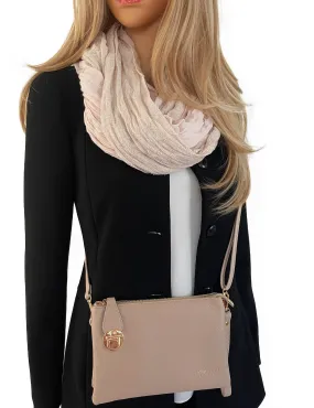 SMALL MULTI-POCKET CROSS BODY CLUTCH BAG WITH WRISTLET - TAUPE