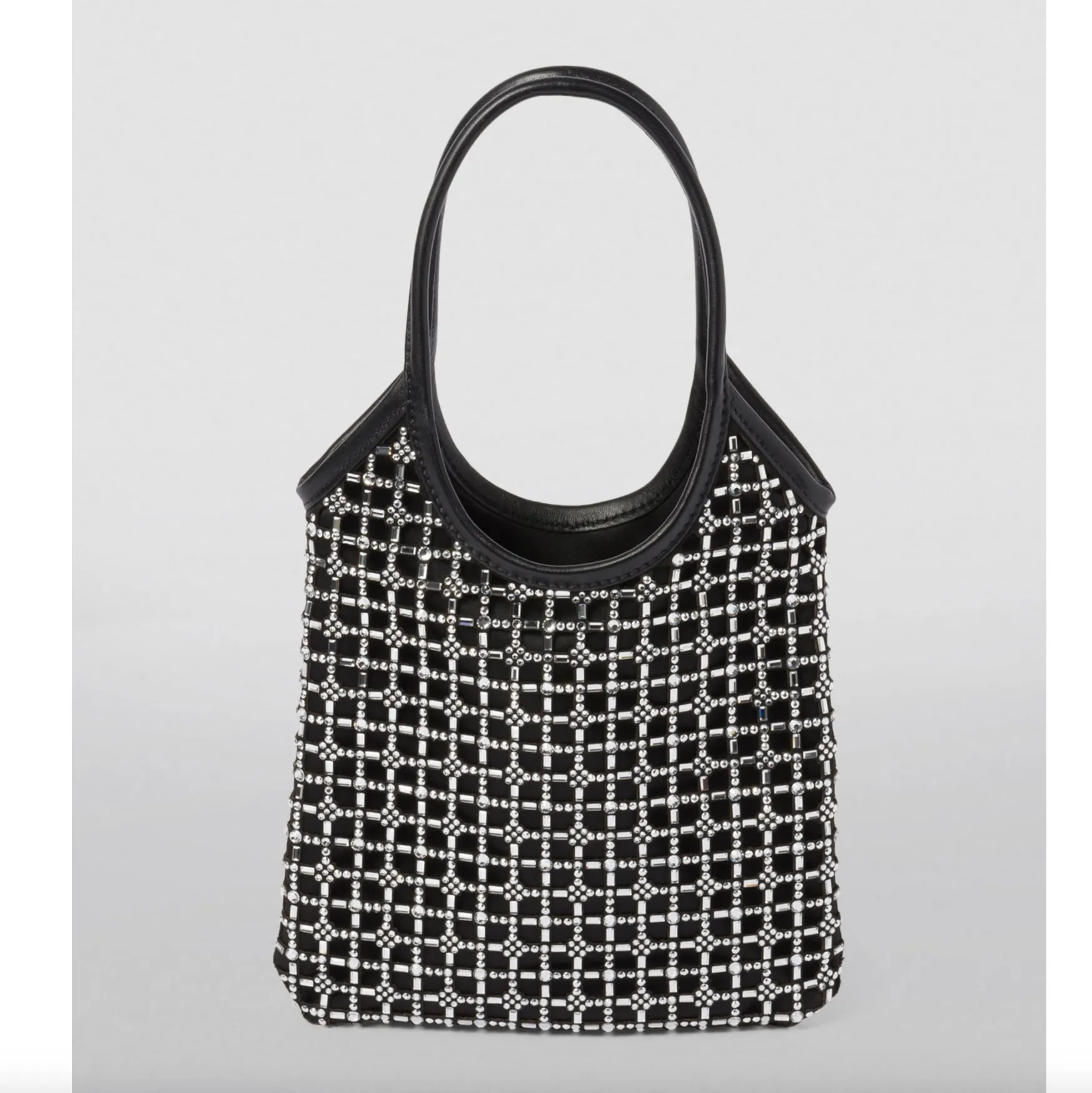 Elegant Black Satin Crystal-Embellished Top-Handle Bag