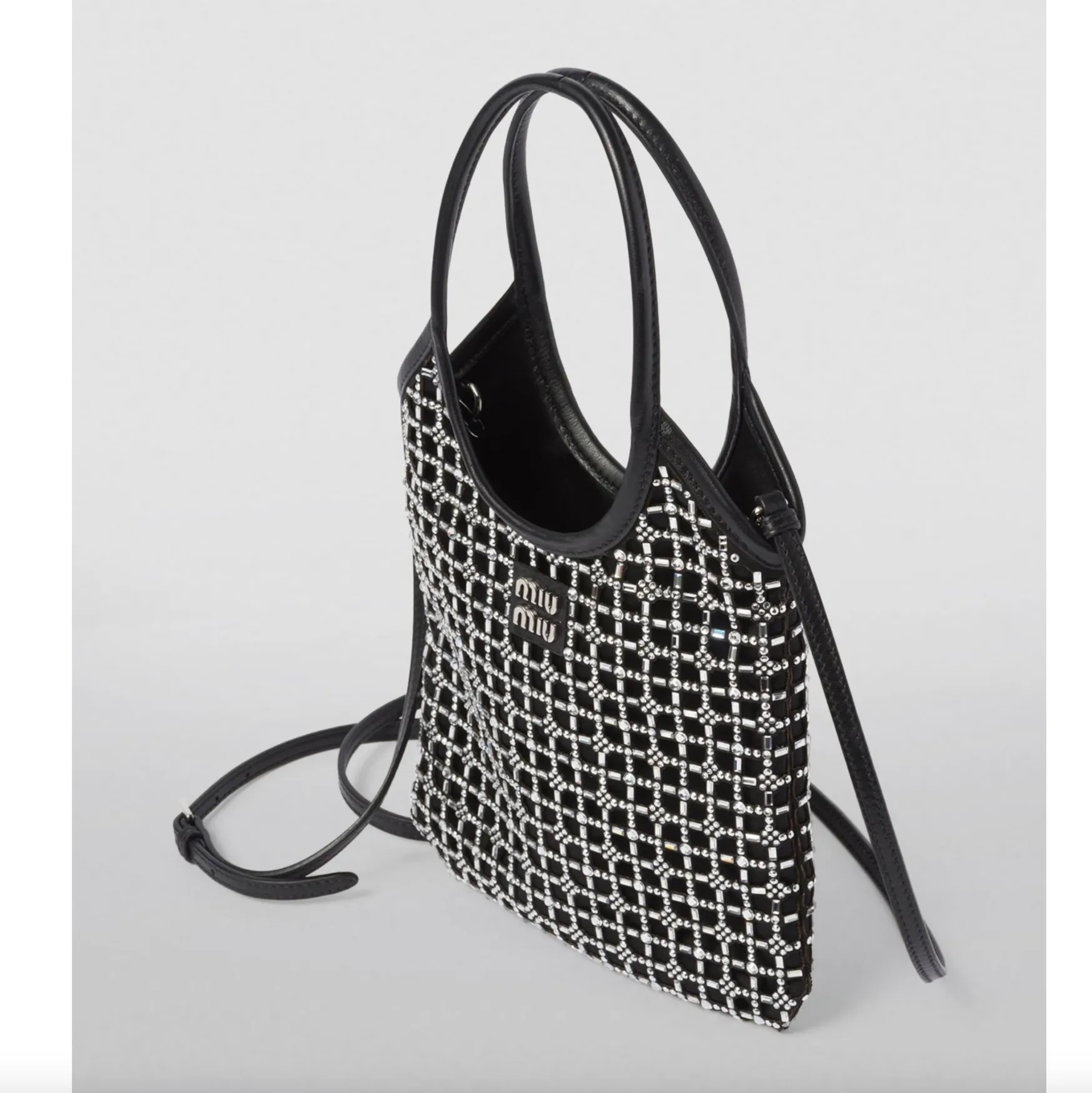 Elegant Black Satin Crystal-Embellished Top-Handle Bag