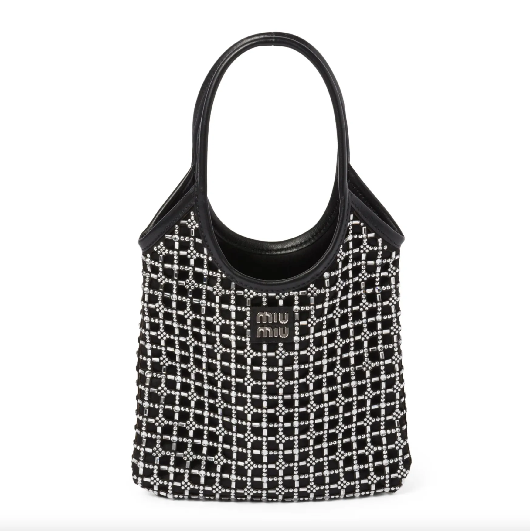 Elegant Black Satin Crystal-Embellished Top-Handle Bag