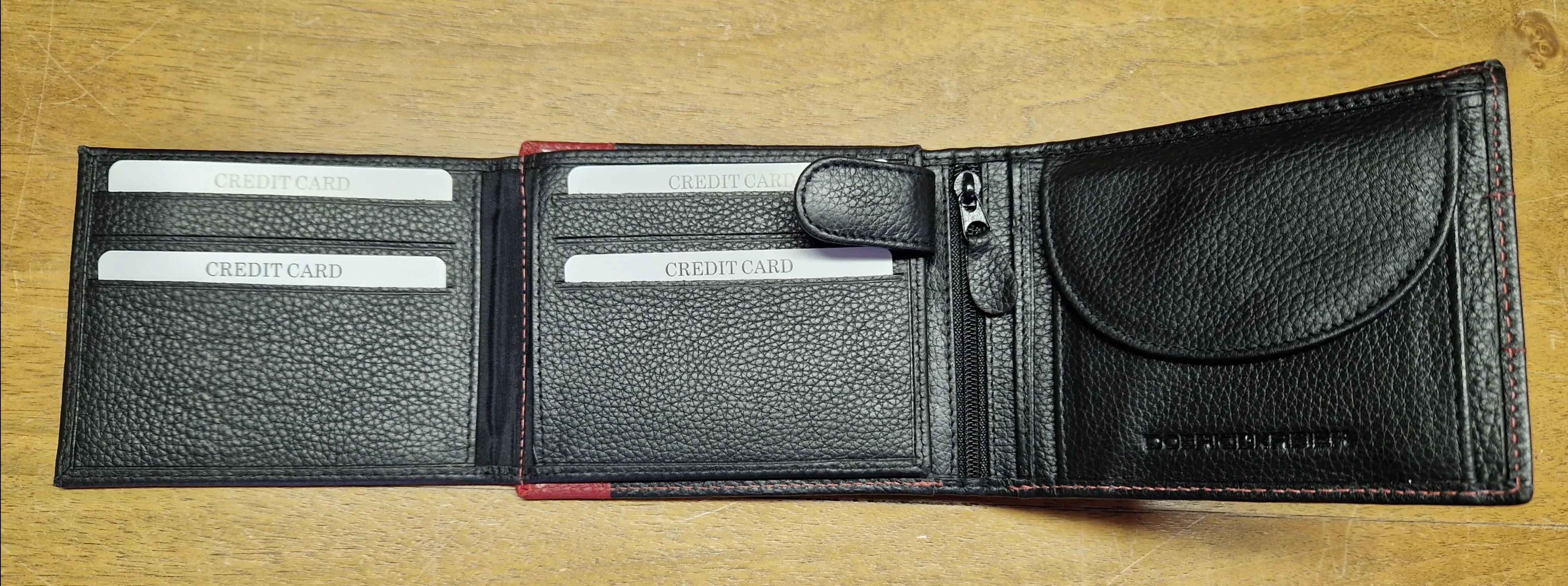 Swiss Leather Wallet - Black & Red Trifold