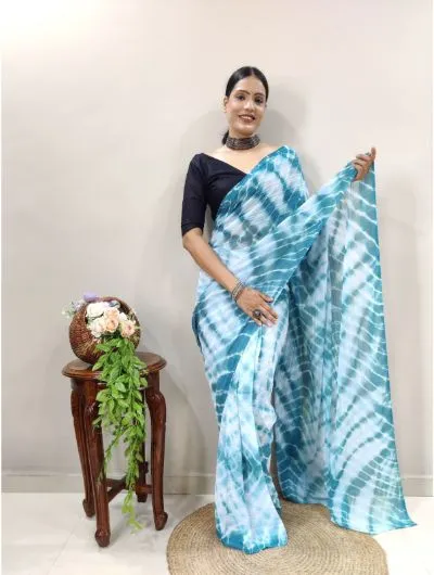 Teal Blue Lehariya Soft Fabric 1 Minute Saree Ready to Wear Sari